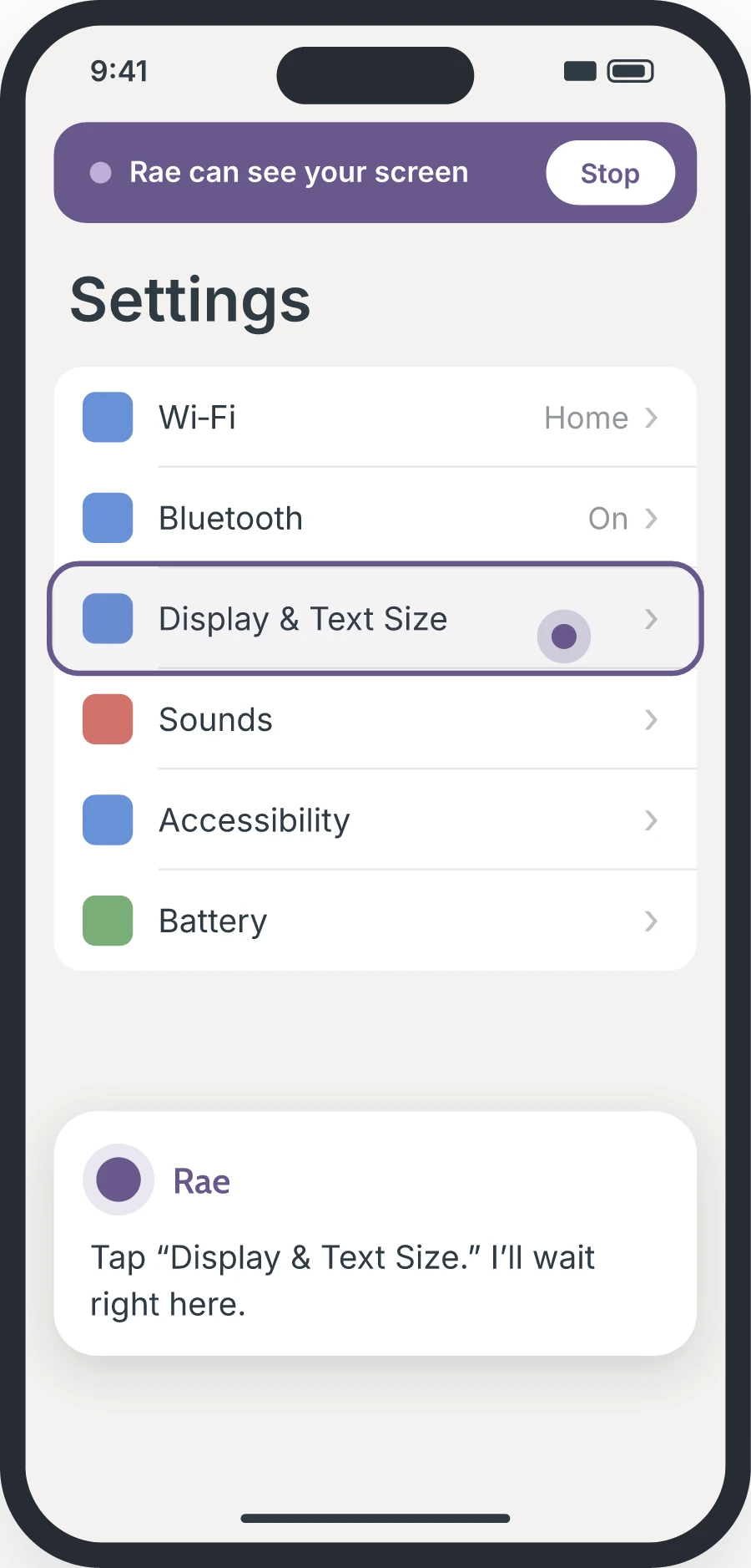 Rae guides you through your phone’s settings while sharing your screen.